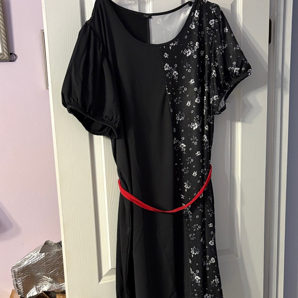 Black Midi Dress with Floral Panel and Red Belt